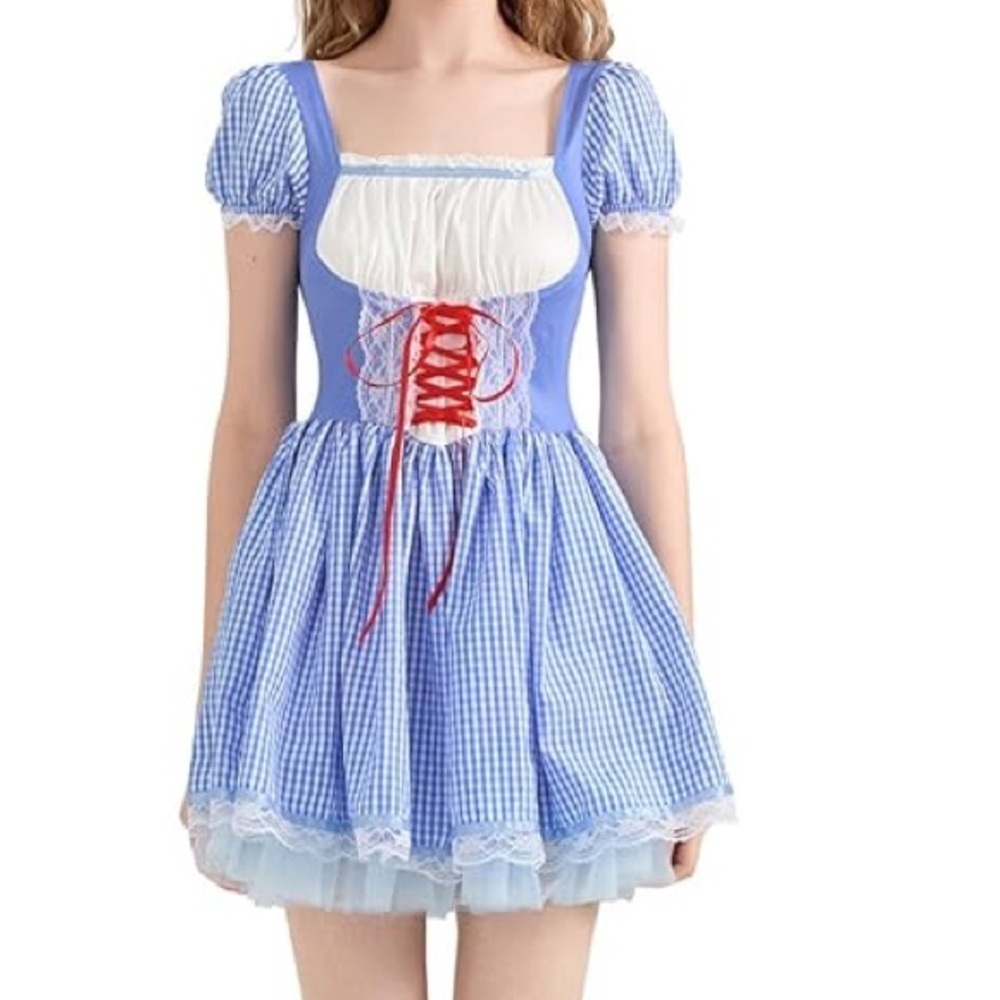 Halloween Cosplay Dress Dorothy Blue Gingham Mini Dress Square Neck Lace Sz S